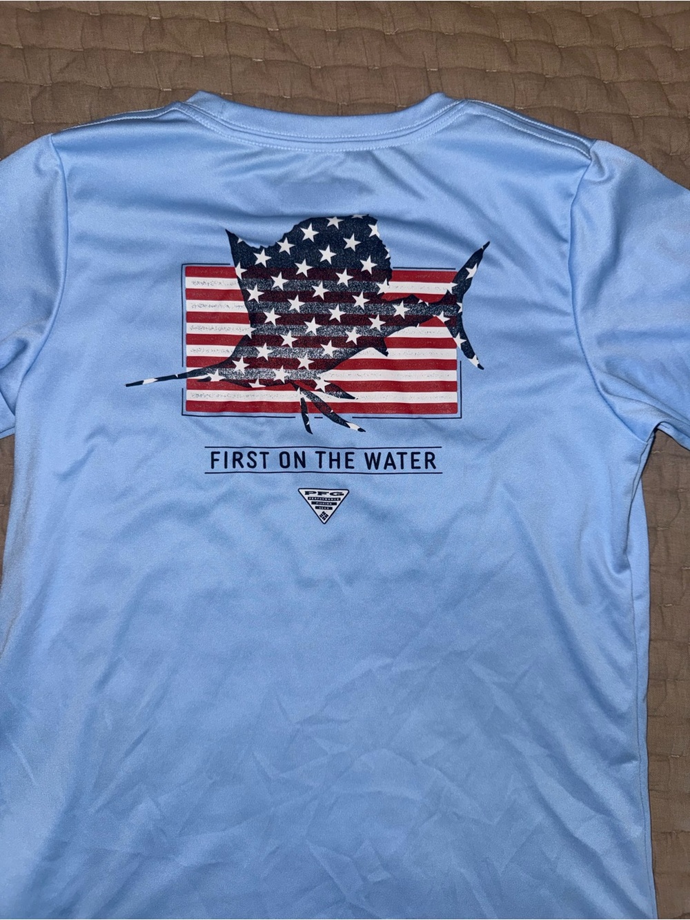Columbia Light Blue Kids' Performance Tee with American Marlin Graphic